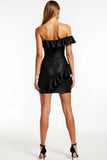Black Mini Satin One Shoulder Bodycon Cocktail Dress with Ruffles