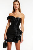 Black Mini Satin One Shoulder Bodycon Cocktail Dress with Ruffles