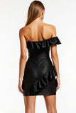 Black Mini Satin One Shoulder Bodycon Cocktail Dress with Ruffles