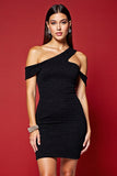 Short Black Cut Out Asymmetrical Neck Tight Cocktail Dress