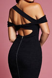 Short Black Cut Out Asymmetrical Neck Tight Cocktail Dress