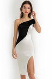 Black and White Bodycon One Shoulder Short Cocktail Dress with Slit