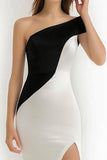 Black and White Bodycon One Shoulder Short Cocktail Dress with Slit