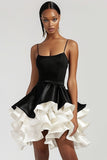 Black and White Patchwork A Line Short Satin Cocktail Dress with Ruffles