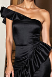 Satin Tight Black Short One Shoulder Cocktail Dress with Ruffles