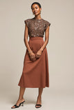 Sparkly Brown Satin Midi 2 Piece Work Blouses and Skirt with Sequins
