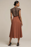 Sparkly Brown Satin Midi 2 Piece Work Blouses and Skirt with Sequins