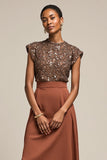Sparkly Brown Satin Midi 2 Piece Work Blouses and Skirt with Sequins