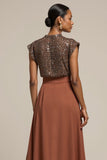 Sparkly Brown Satin Midi 2 Piece Work Blouses and Skirt with Sequins