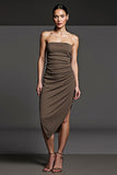 Pencil Ruched Coffee Strapless Asymmetrical Work Dress