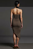 Pencil Ruched Coffee Strapless Asymmetrical Work Dress