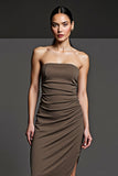 Pencil Ruched Coffee Strapless Asymmetrical Work Dress