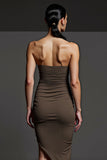Pencil Ruched Coffee Strapless Asymmetrical Work Dress