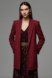 Burgundy Peak Lapel Maxi Satin Women Work Blazer with Pockets