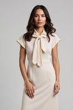 Midi Apricot Pencil Cap Sleeves Work Dress with Bow
