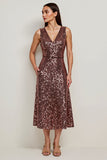 Sparkly Coffee Sequin V-Neck Maxi A Line Holiday Party Dress