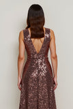 Sparkly Coffee Sequin V-Neck Maxi A Line Holiday Party Dress