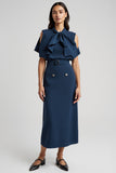 Dark Blue Pencil Short Sleeves Cut Out Maxi Work Dress with Bow