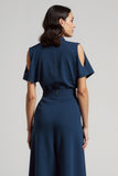 Dark Blue Pencil Short Sleeves Cut Out Maxi Work Dress with Bow