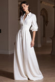 White A Line Single Breasted Maxi Work Dress with Sleeves