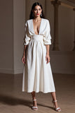 Maxi White A Line V-Neck Work Dress with Sleeves