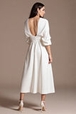 Maxi White A Line V-Neck Work Dress with Sleeves
