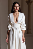 Maxi White A Line V-Neck Work Dress with Sleeves