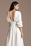 Maxi White A Line V-Neck Work Dress with Sleeves