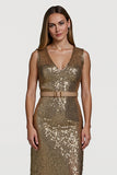 Sparkly Golden Sequin V-Neck Midi Bodycon Cocktail Dress with Belt