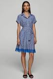 A Line Blue Striped Short Sleeves Shirt Dress with Sash