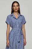 A Line Blue Striped Short Sleeves Shirt Dress with Sash