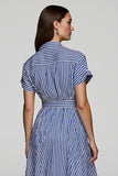 A Line Blue Striped Short Sleeves Shirt Dress with Sash