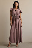 Grey Purple A Line Notched Lapel Maxi Work Dress with Buttons