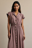 Grey Purple A Line Notched Lapel Maxi Work Dress with Buttons