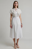 A Line Midi White 2 Piece Work Blouse and Skirt with Sleeves