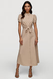 A Line Khaki Short Sleeves Ruched Maxi Work Dress with Sash