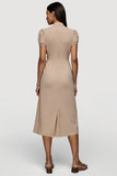 A Line Khaki Short Sleeves Ruched Maxi Work Dress with Sash