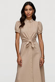 A Line Khaki Short Sleeves Ruched Maxi Work Dress with Sash