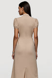 A Line Khaki Short Sleeves Ruched Maxi Work Dress with Sash