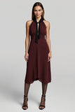 A Line Burgundy Halter Midi Work Dress with Sash