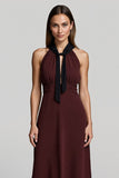 A Line Burgundy Halter Midi Work Dress with Sash