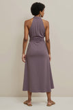 Satin Maxi Grey Purple Halter Pencil Ruched Work Dress