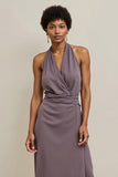 Satin Maxi Grey Purple Halter Pencil Ruched Work Dress