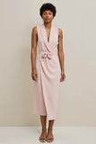 Pink Pencil Shawl Lapel Sleeveless Maxi Work Dress with Sash