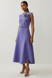 Purple Round Neck A Line Floral Satin Maxi Work Dress with Belt