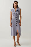 Grey Purple Floral A Line Peak Lapel Satin Midi Blazer Dress with Buttons