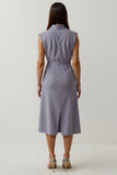 Grey Purple Floral A Line Peak Lapel Satin Midi Blazer Dress with Buttons