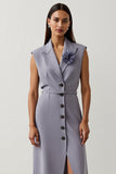 Grey Purple Floral A Line Peak Lapel Satin Midi Blazer Dress with Buttons