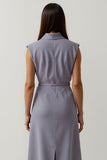 Grey Purple Floral A Line Peak Lapel Satin Midi Blazer Dress with Buttons