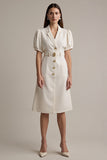 Midi Ivory Notched Lapel Short Sleeves A Line Blazer Dress with Belt